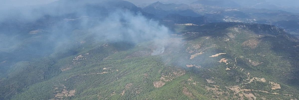 Els Bombers treballen en un incendi de vegetació forestal causat per llamps a la Baronia de Rialb