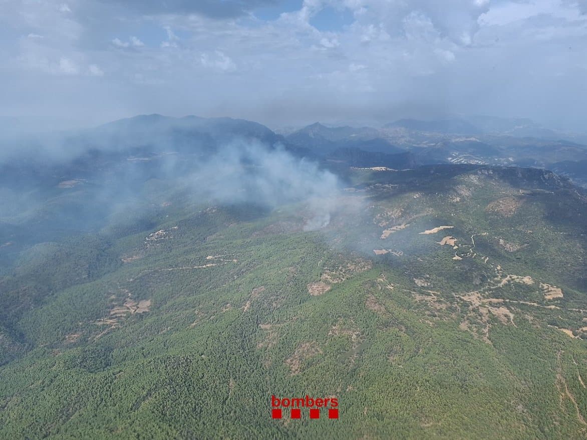 Els Bombers treballen en un incendi de vegetació forestal causat per llamps a la Baronia de Rialb