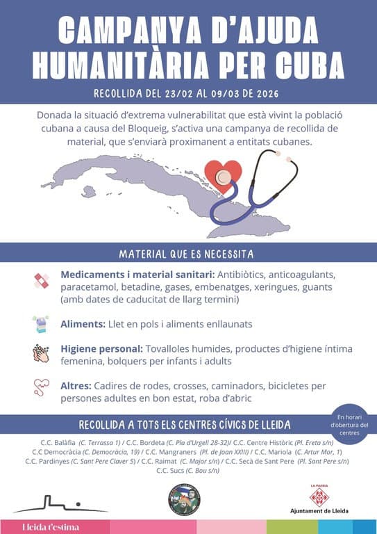 L'ajuntament de Lleida recull material per donar suport a la població de Cuba